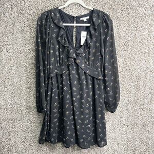 American Eagle Dress Womens Large Gray Floral Long Sleeve V-Neck Ruffle Trim NWT
